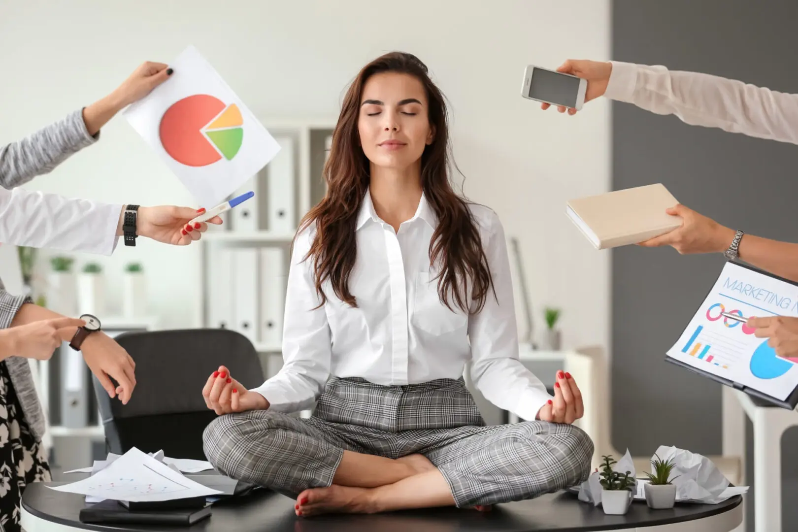 Businesswoman,With,A,Lot,Of,Work,To,Do,Meditating,In